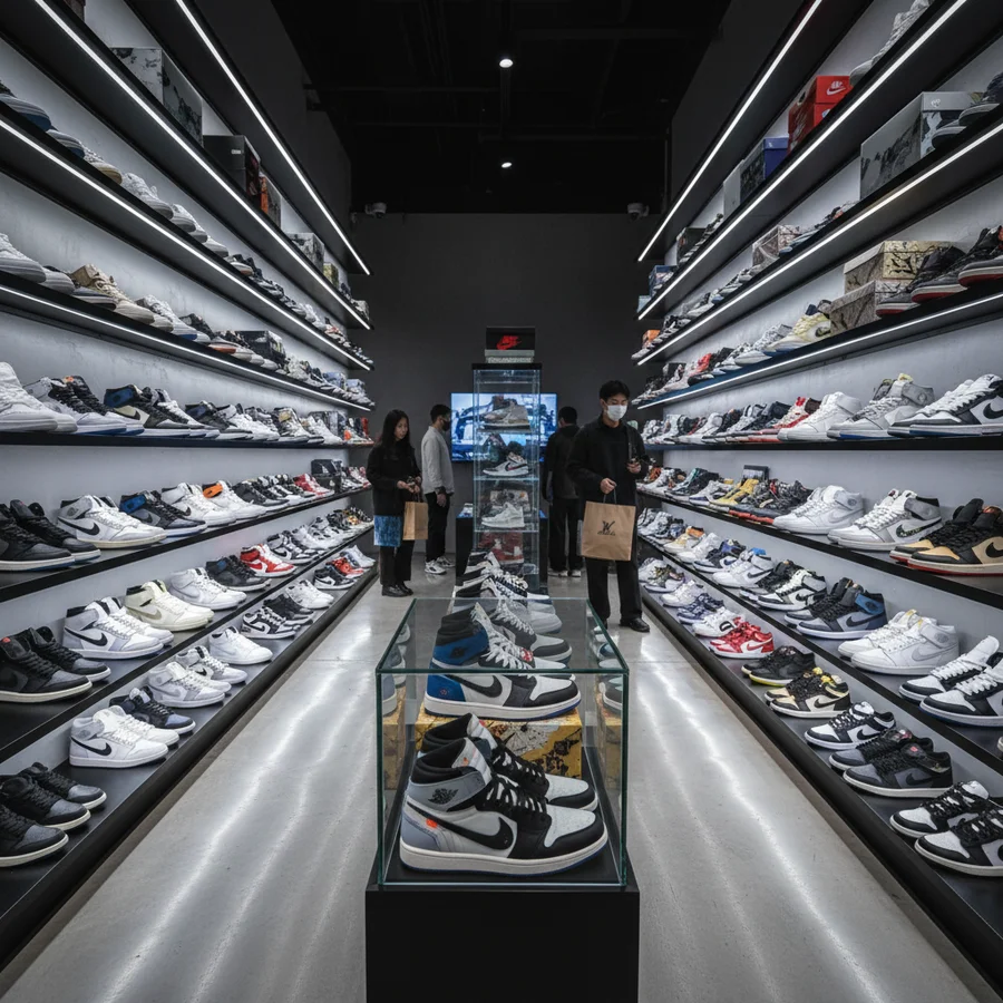 Image depicting shelves of highly coveted sneakers, symbolizing the thriving resale market.