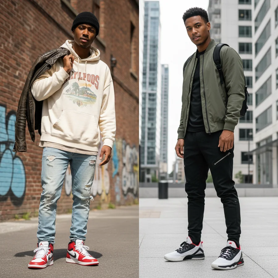 Individual showcasing an outfit with Jordan sneakers, demonstrating both classic and modern streetwear styling possibilities.