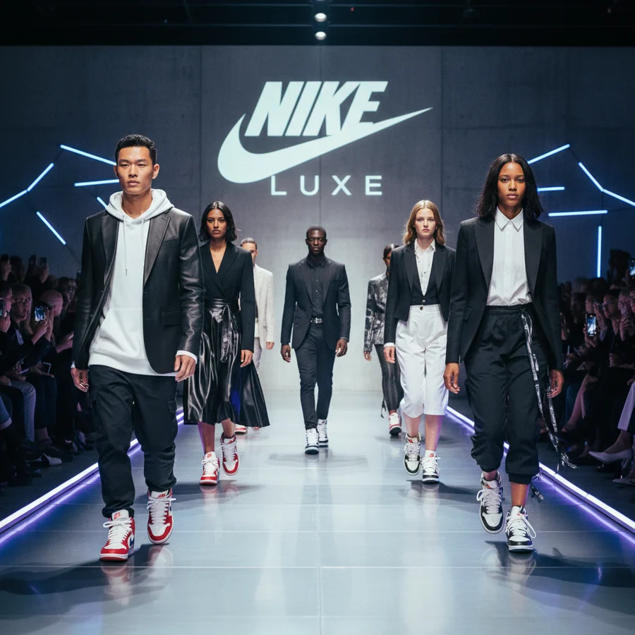 Nike's Impact on Sport and Fashion 4 Models wearing Nike sneakers collaboratively designed with high-fashion brands like Off-White, walking on a runway, representing the fusion of street style and luxury.