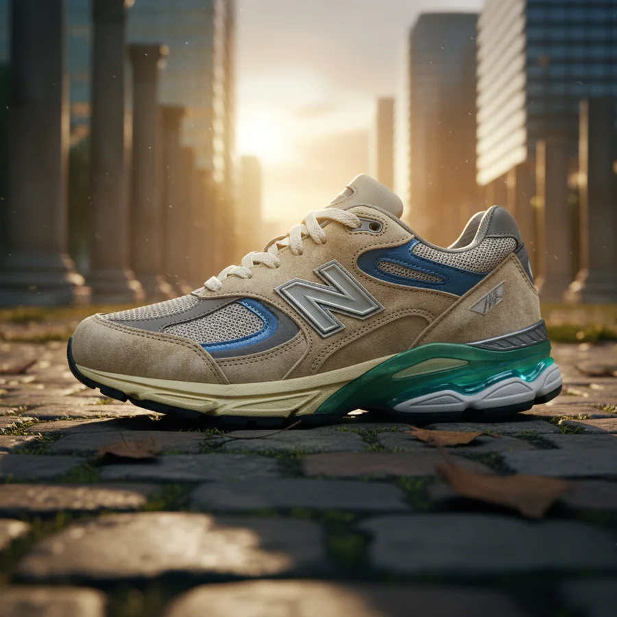 New Balance shoe blending old and new designs, symbolizing heritage and innovation in footwear.