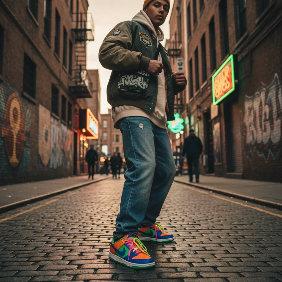 Streetwear Staple Nike Dunk sneakers, in a vibrant colorway, styled as part of modern streetwear fashion, highlighting their cultural relevance.