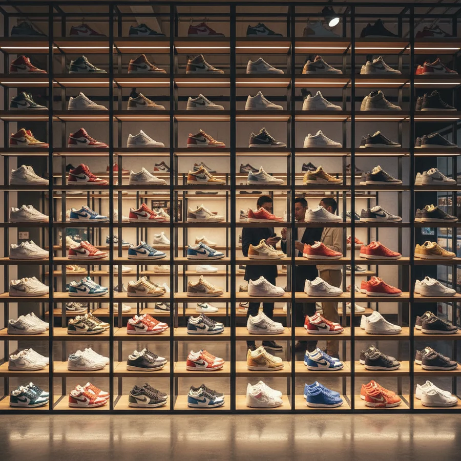 Organized sneaker shelves showing a diverse yet cohesive collection of shoes