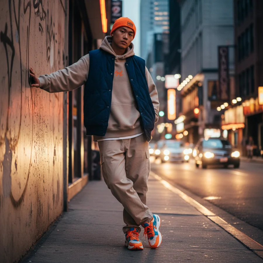 Streetwear Brands Perfect Pairing with Sneakers 3 Outfit featuring complementary colors in streetwear, with a neutral base and a pop of color from the sneakers.