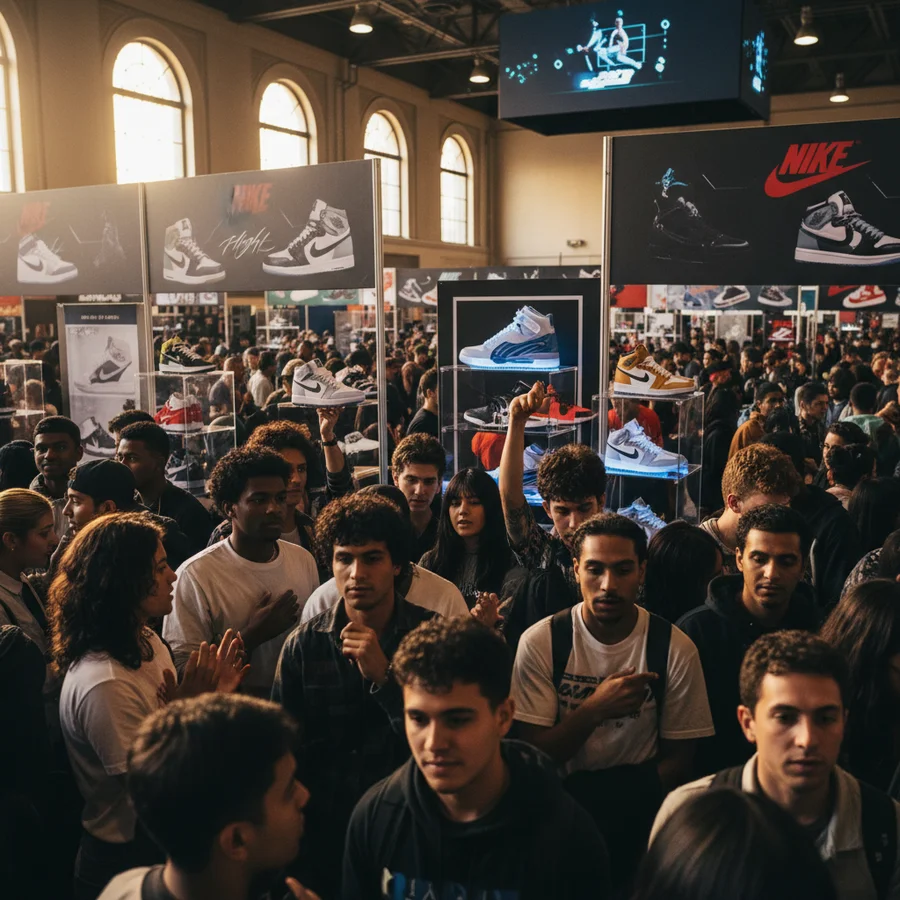 People at a sneaker convention, highlighting the global community around Air Jordans.