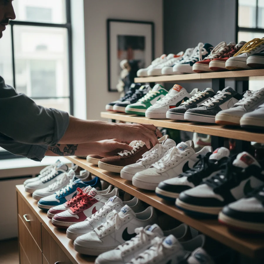 Person selecting sneakers from a diverse collection to define personal style
