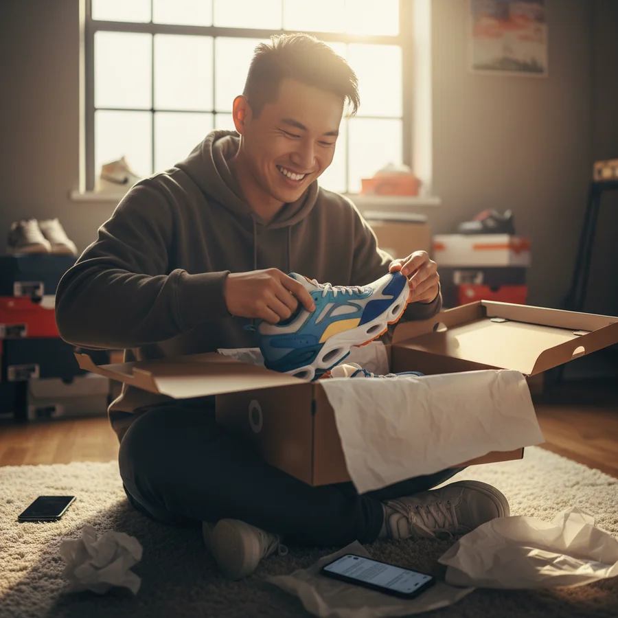 Person unboxing a new pair of sneakers with a happy, satisfied expression, symbolizing a superior customer experience
