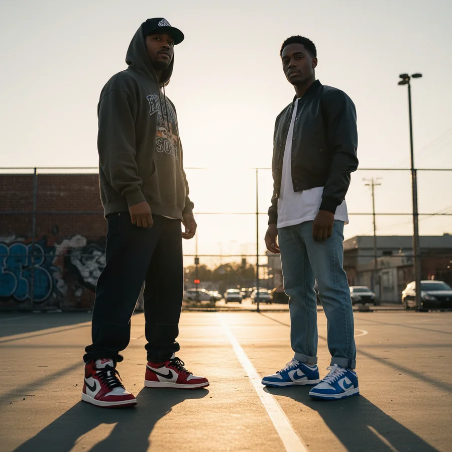 Streetwear Brands Perfect Pairing with Sneakers 2 Person wearing high-top Air Jordans with baggy jeans and another wearing low-top Nike Dunks with cuffed trousers, illustrating different sneaker anchors.