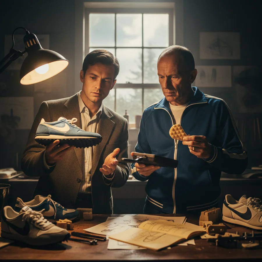 The Founders' Vision Phil Knight and Bill Bowerman, the co-founders of Nike, with early sneaker designs in their hands.