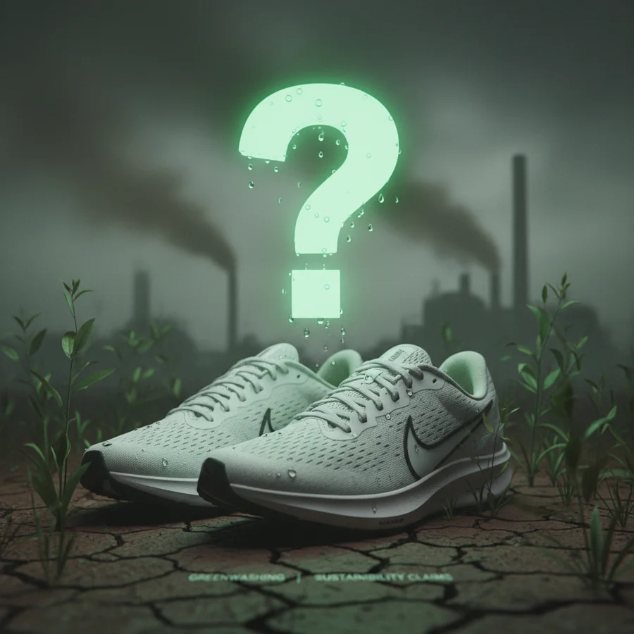 Question mark hovering over a Nike shoe, symbolizing skepticism and ongoing challenges in sustainability claims