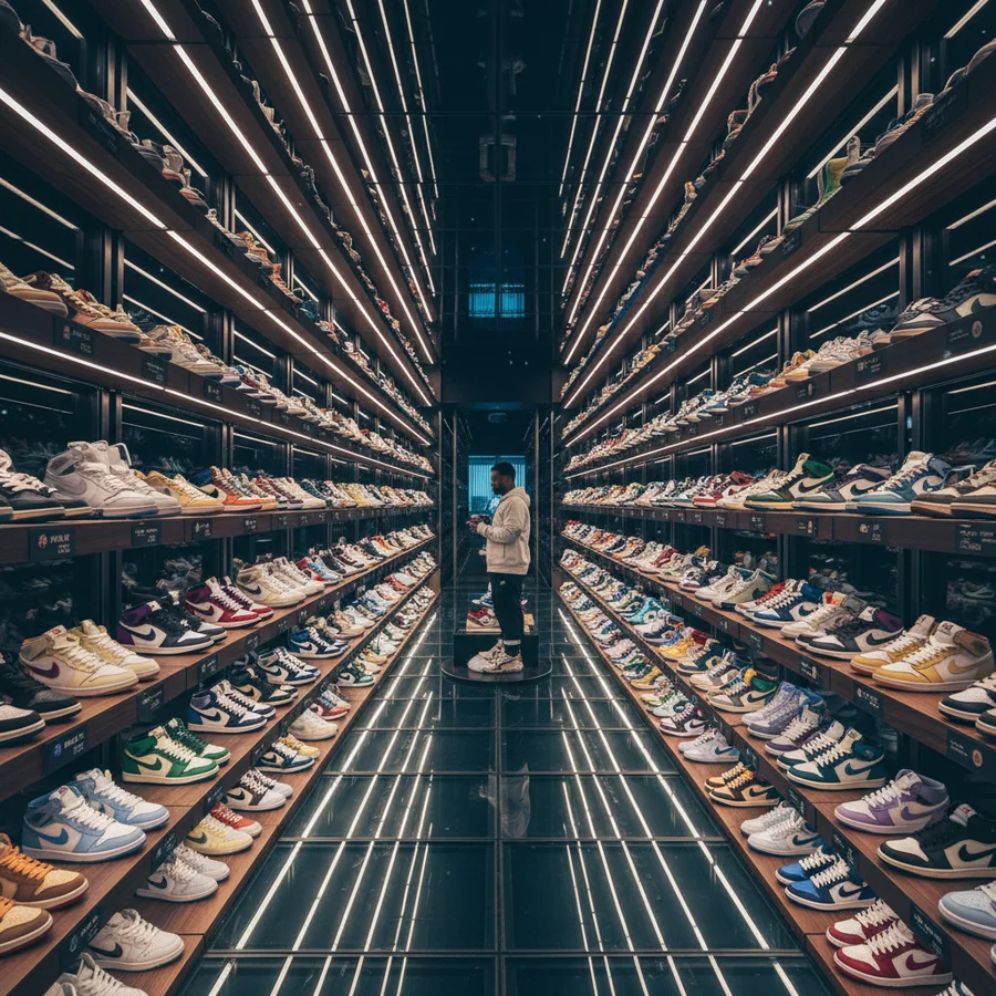 Rows of sneakers in a perfectly organized private collection