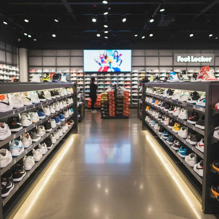 Rows of sneakers on display in a brightly lit retail store