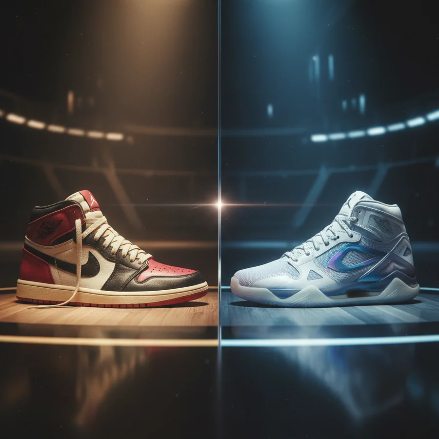 Side-by-side display of a vintage-style Jordan Retro and a sleek, futuristic new release Jordan, emphasizing contrast.