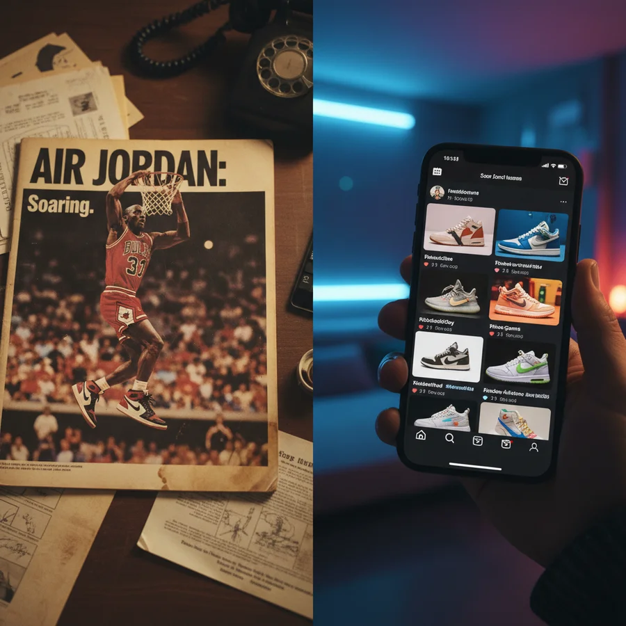 Platform Impact & Celebrities Through Cushiow Collection 1 Split image depicting evolution of sneaker hype, one side showing a vintage magazine with an Air Jordan ad, the other a smartphone with social media feeds featuring trending sneakers