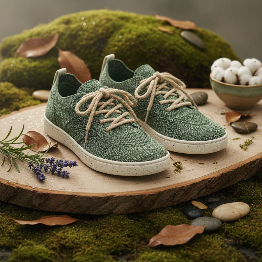 Stylish eco-friendly unisex sneakers placed on a natural, sustainable background, emphasizing environmental consciousness.