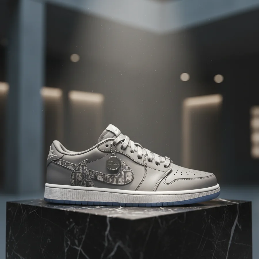 Best Nike Collaborations in a Decade 3 The Air Jordan 1 Dior sneaker, showcasing premium grey leather and the Dior Oblique jacquard swoosh.
