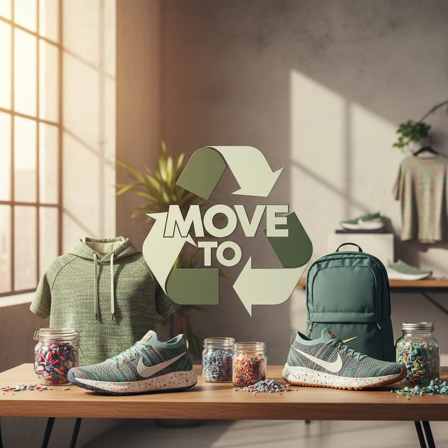 Sustainable Future The Nike 'Move to Zero' symbol depicted alongside various Nike products made from recycled and sustainable materials, emphasizing their eco-friendly initiatives.