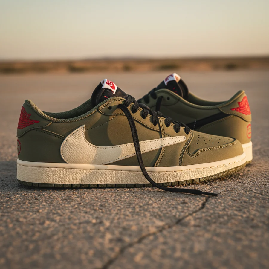 Travis Scott's iconic reverse Swoosh on an Air Jordan 1 sneaker