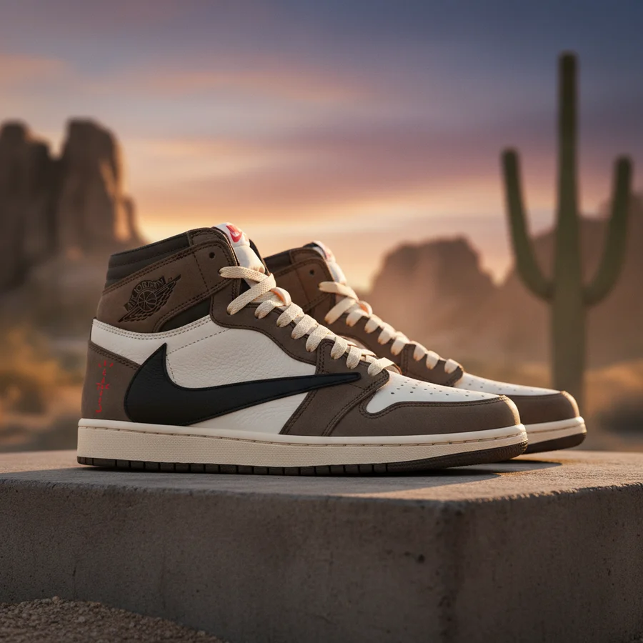 Best Nike Collaborations in a Decade 2 Travis Scott's Nike Air Jordan 1 'Mocha' with the distinctive reverse swoosh.
