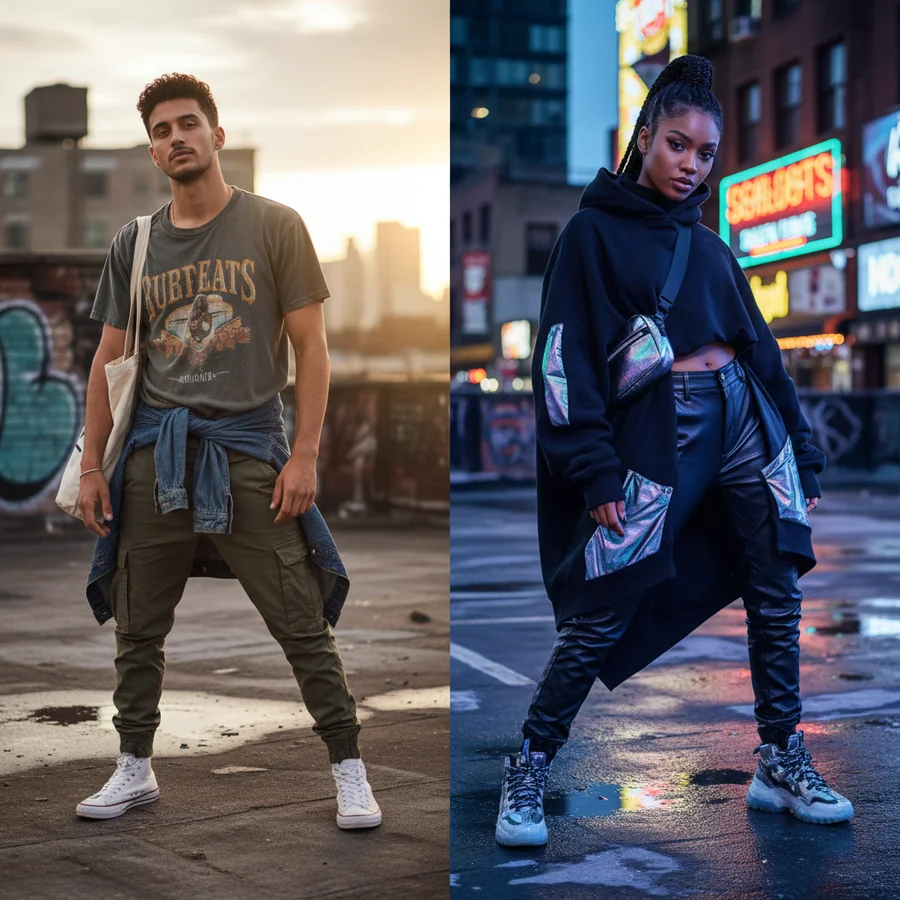 Streetwear Brands Perfect Pairing with Sneakers 5 Two models demonstrating different streetwear vibes: one casual for daily wear, another bolder for a statement event.