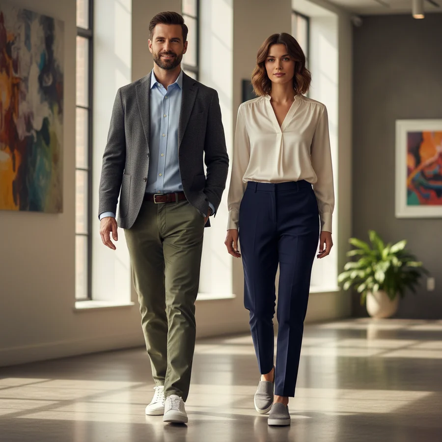 Two well-dressed individuals, a man in chinos and blazer, a woman in tailored trousers and a silk blouse, both wearing sleek sneakers.