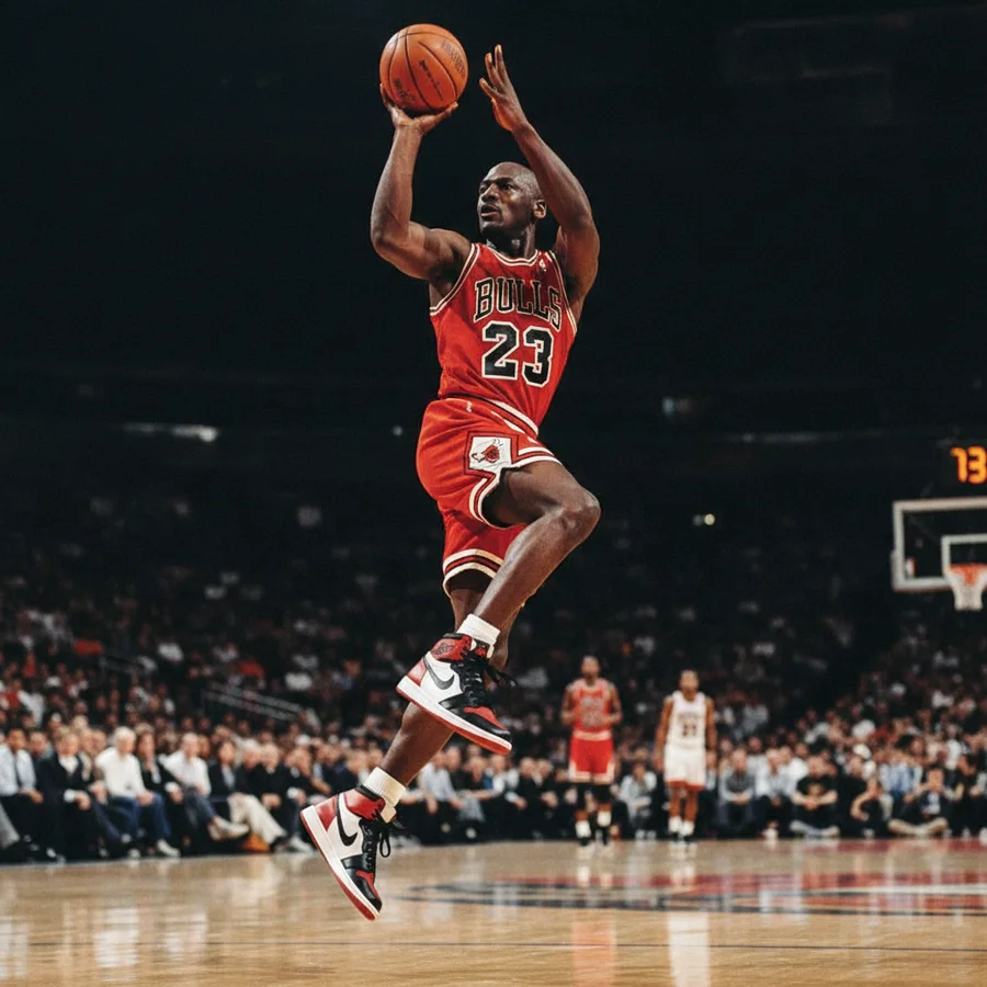 Vibrant image of Michael Jordan wearing the original red and black Air Jordan 1 on the basketball court.