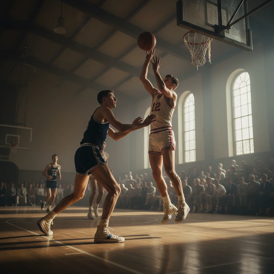 Vintage basketball players wearing early sneakers on court