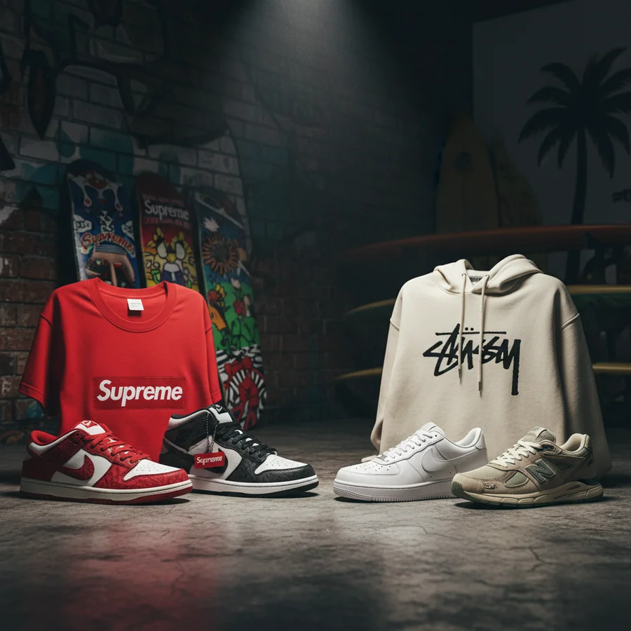 Visual representation of classic streetwear brands like Supreme and Stüssy alongside their iconic Nike and New Balance sneaker pairings.